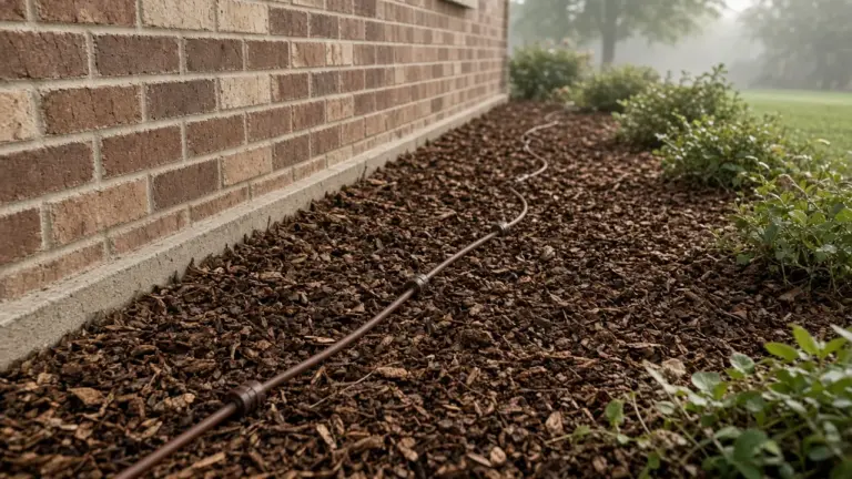 Brown inline drip tubing with emitters laid under shredded mulch a short distance from a brick house foundation