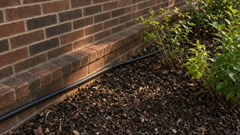 A black soaker hose running along the base of a brick slab foundation beside a mulched shrub bed