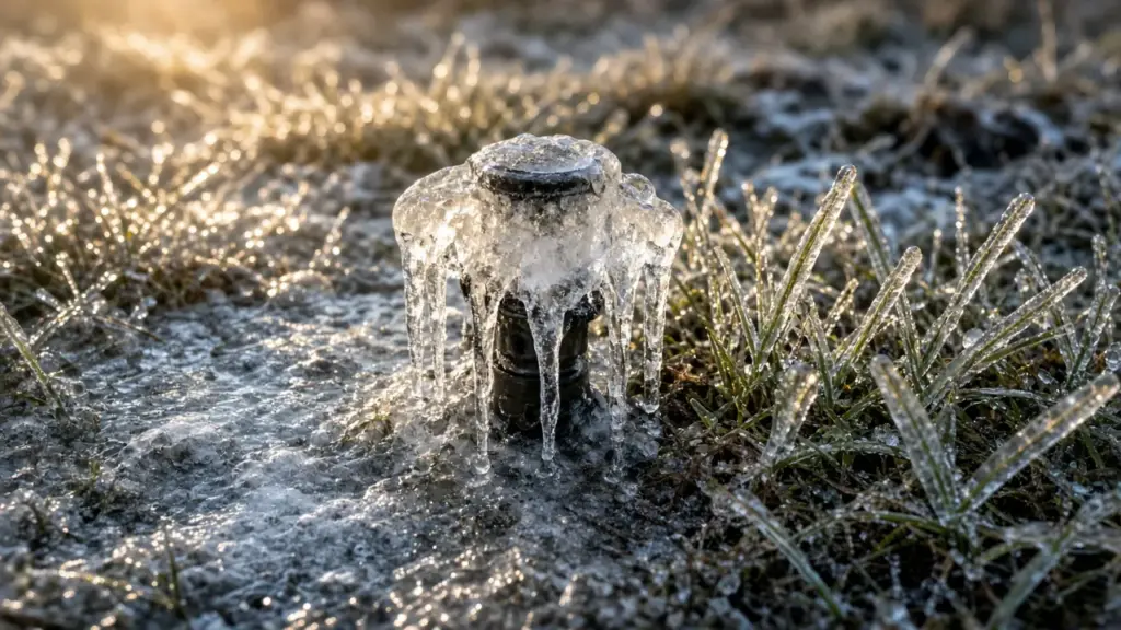 Ice-encased sprinkler head in frosted grass after a freeze