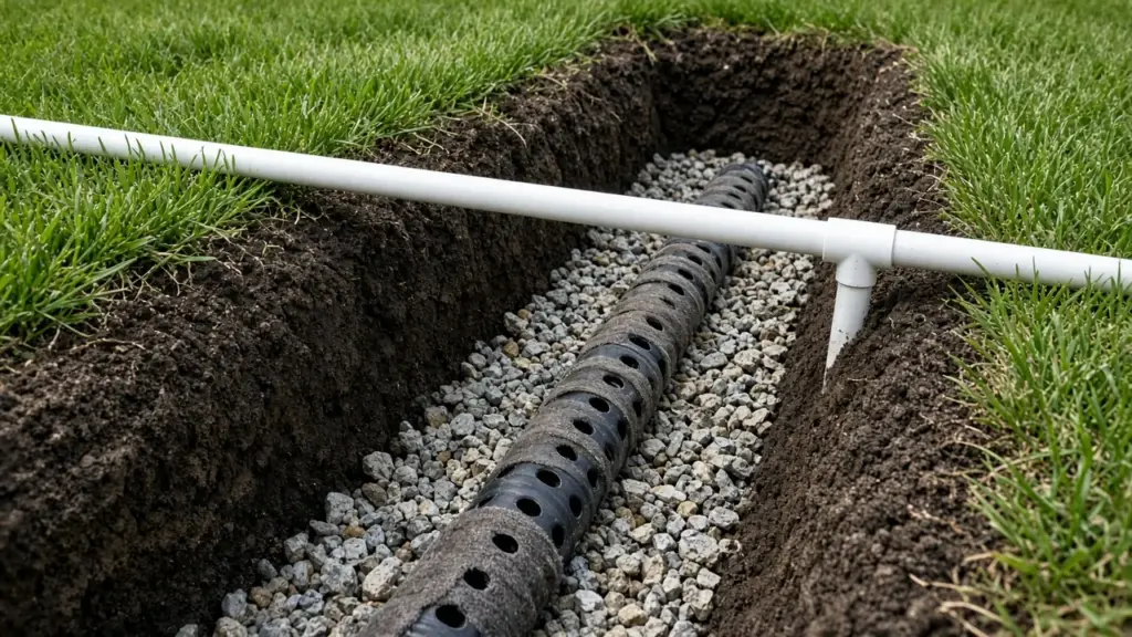 French drain trench with gravel and perforated pipe crossing under a sprinkler line