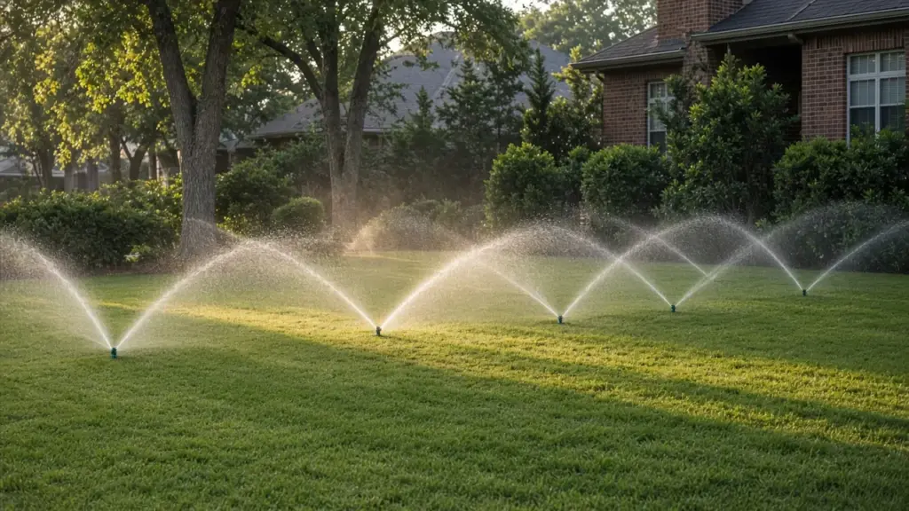 Sprinklers spraying head to head so each stream reaches the next head across a lawn