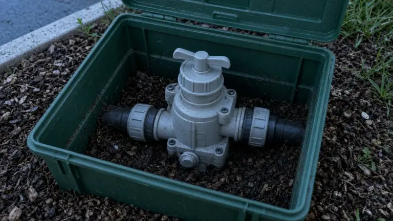 A Hunter-style gray valve in an open valve box with its flow control handle visible, no branding legible
