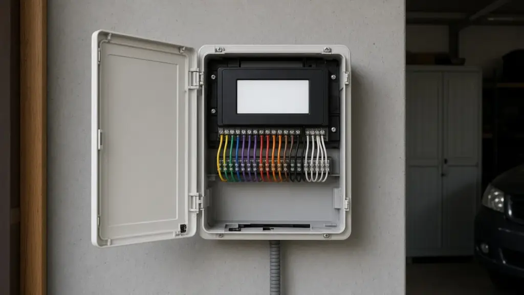 Irrigation controller with a wiring panel of colored station wires in a garage