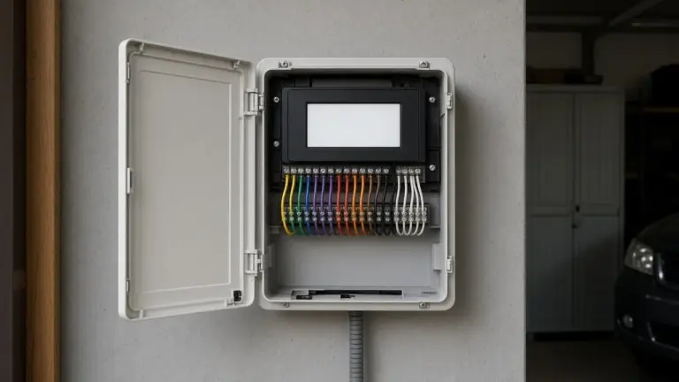 Irrigation controller with a wiring panel of colored station wires in a garage
