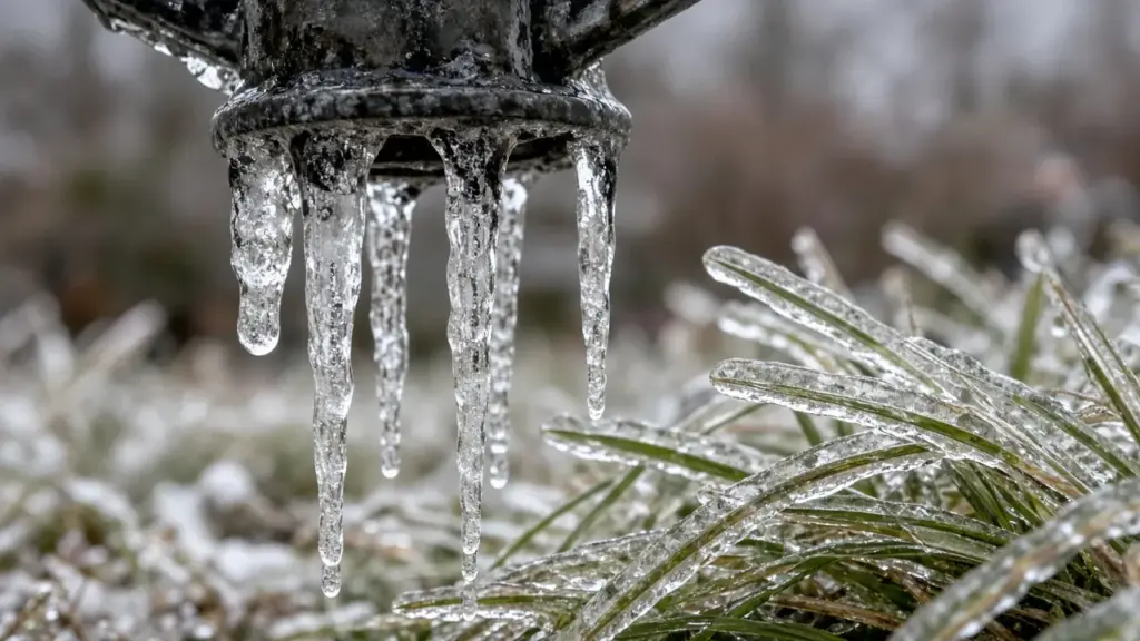 Icicles hanging from a spray head and ice glazing nearby grass on a frozen morning