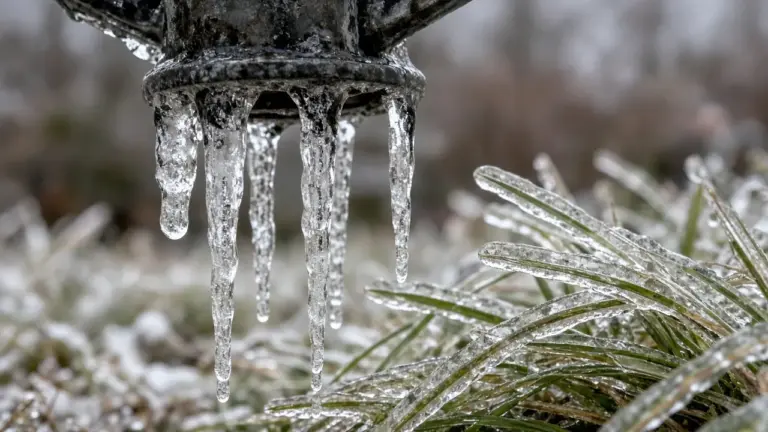 Icicles hanging from a spray head and ice glazing nearby grass on a frozen morning
