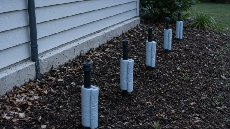 Foam pipe insulation wrapped around above-ground irrigation risers beside a house