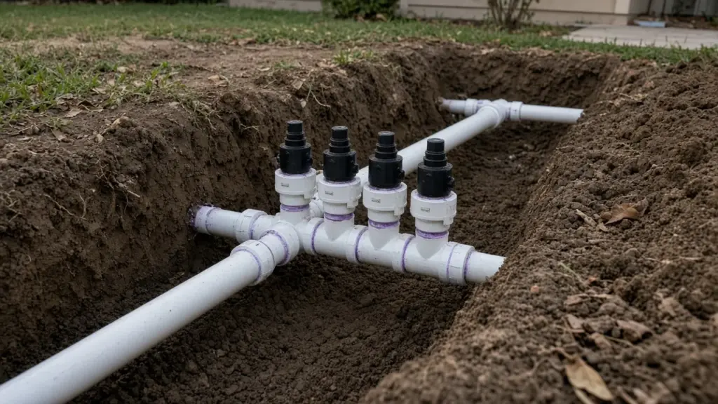 A newly installed irrigation valve manifold with fresh PVC in an open trench before backfilling