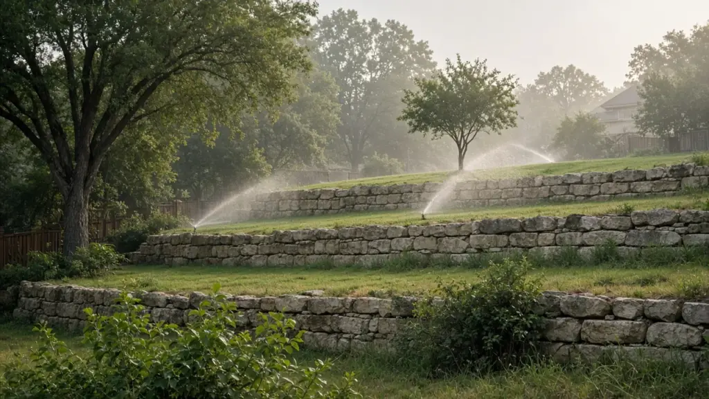 A sloped terraced yard with limestone retaining walls and spray heads watering the grass terraces