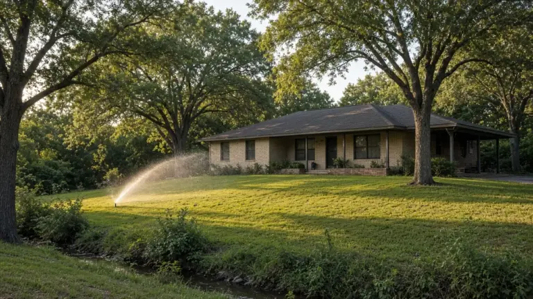 Sprinkler watering the lawn of a ranch-style home among mature trees