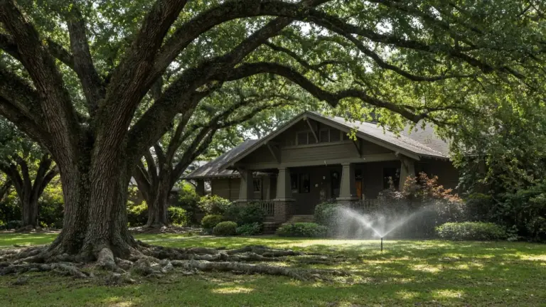 Sprinkler watering a shaded lawn under large mature oak trees by a bungalow