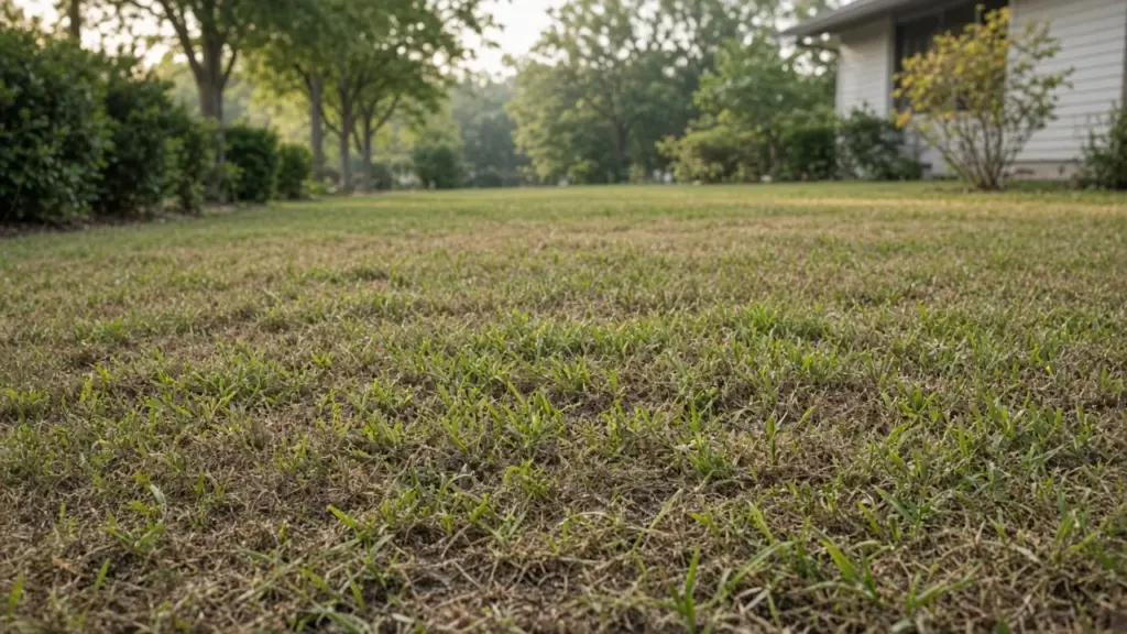 A lawn recovering from drought with green shoots coming through brown turf after watering