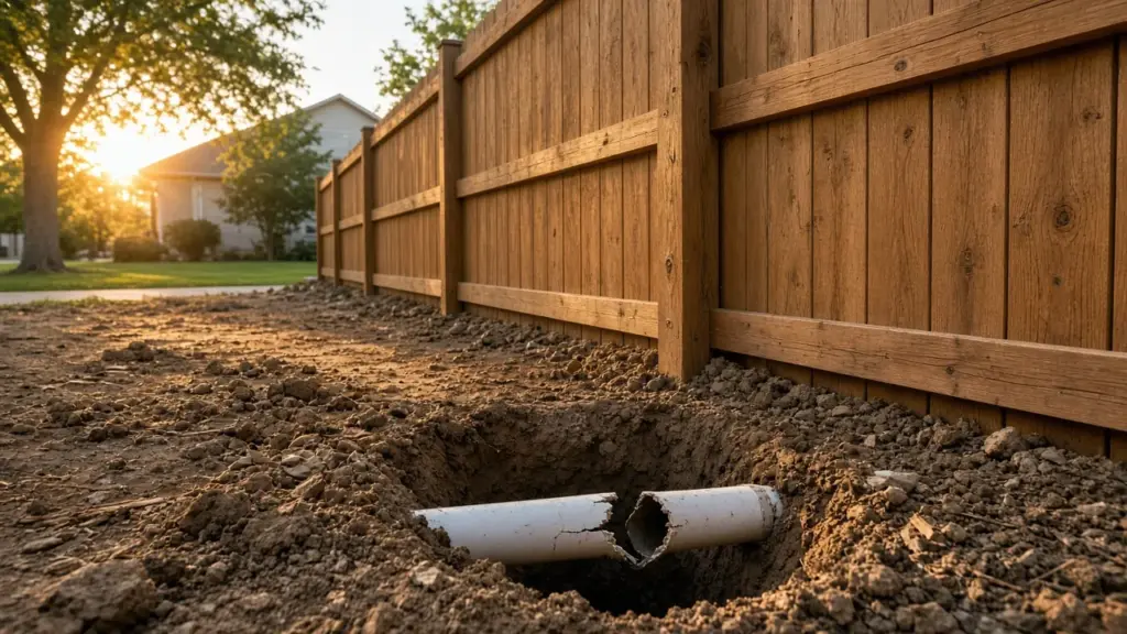 A new wooden privacy fence line with a freshly dug post hole that has cut through a sprinkler pipe
