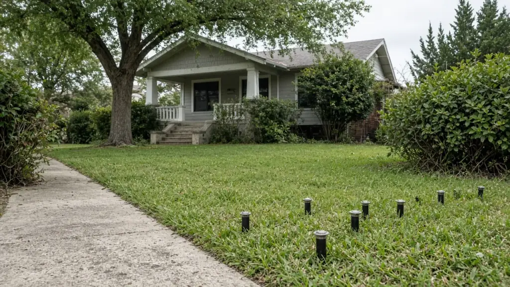A narrow historic bungalow front yard with a small lawn and compact spray heads near a sidewalk