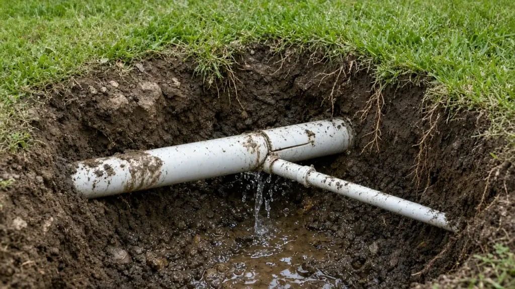 Cracked PVC sprinkler pipe leaking water in a muddy repair hole