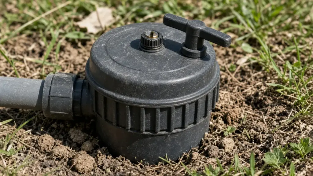 A close-up of an irrigation valve bonnet with its manual bleed screw and flow control handle