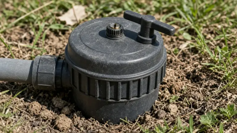A close-up of an irrigation valve bonnet with its manual bleed screw and flow control handle