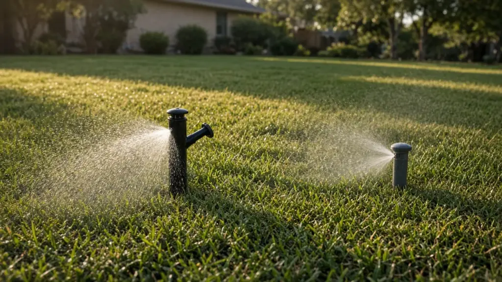 A rotor and two spray heads in the same lawn zone with visibly different spray patterns side by side