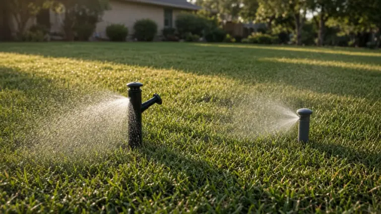 A rotor and two spray heads in the same lawn zone with visibly different spray patterns side by side