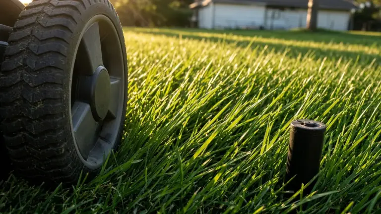 A close view of a lawn mower wheel beside tall St. Augustine grass and a sprinkler head
