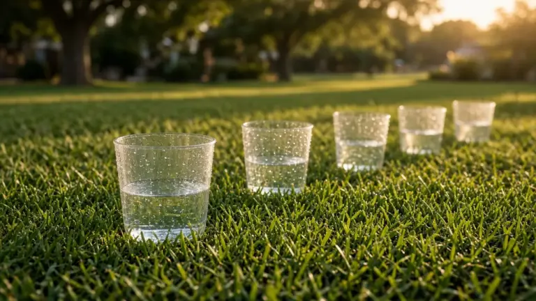 A set of straight-sided catch cups spaced across a green lawn collecting water during a sprinkler test