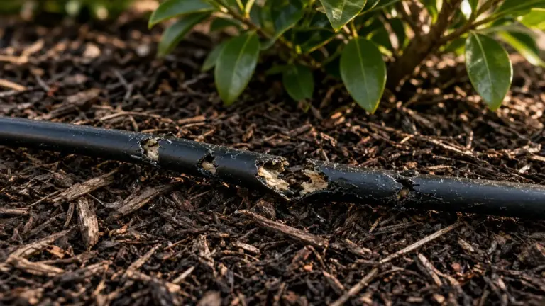 Chewed and punctured drip tubing lying on dark mulch in a shrub bed