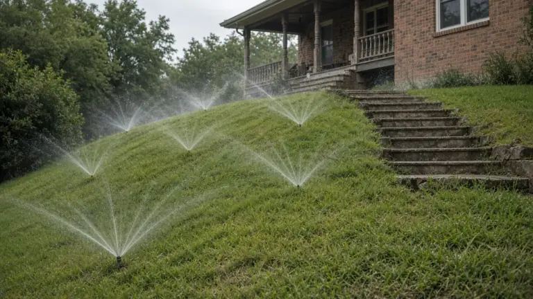 A sprinkler system watering a steeply sloped front yard of an older brick home with stone steps up to the porch