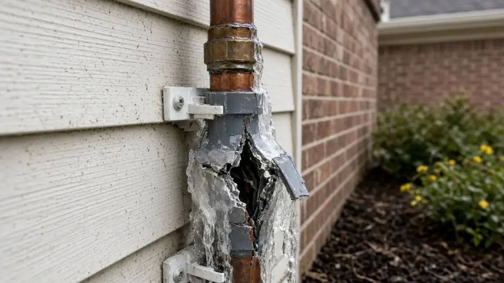 A split and burst copper-and-PVC riser beside a house after a freeze with ice remnants on it