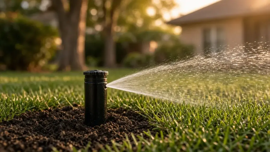A pressure-regulated spray body emitting a clean, non-misting fan of water over a lawn edge
