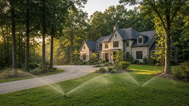 Rotor sprinklers watering a large wooded lot in front of a stone house