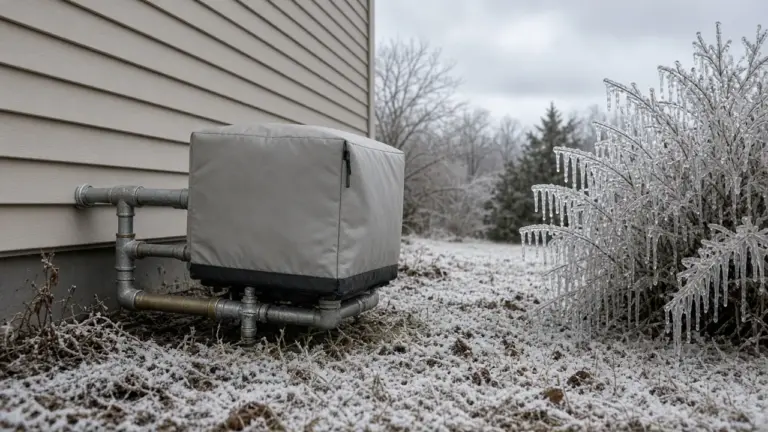 Covered backflow preventer beside a house during an icy winter freeze