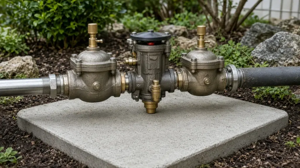 Backflow prevention assembly with test cocks on a concrete pad in a bed