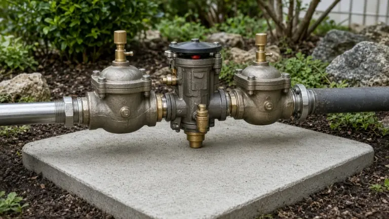 Backflow prevention assembly with test cocks on a concrete pad in a bed