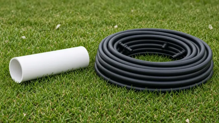 White PVC pipe beside a coil of black poly irrigation tubing on a lawn