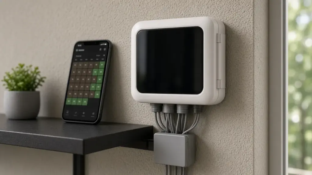 A modern Wi-Fi sprinkler controller mounted on a garage wall with a smartphone on a shelf beside it showing a watering app