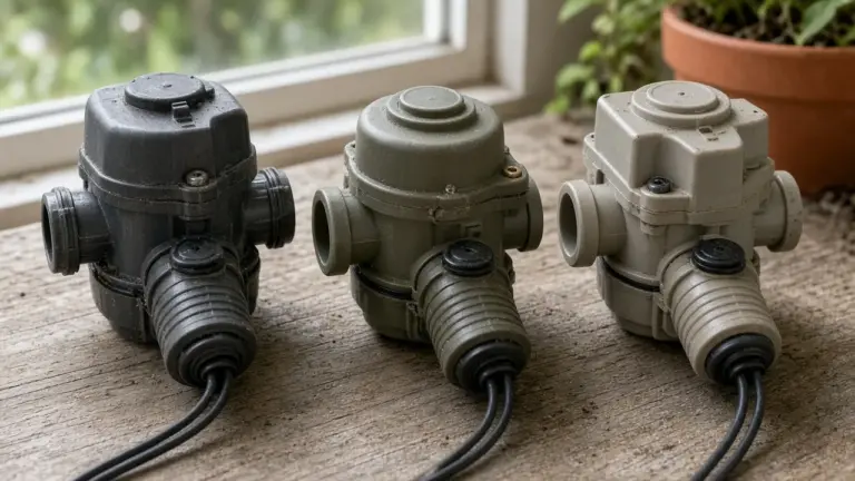 Three different residential irrigation valves laid side by side on a potting bench