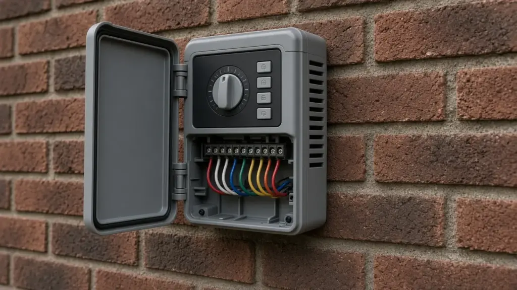 Irrigation controller with color-coded station wires mounted on a brick wall
