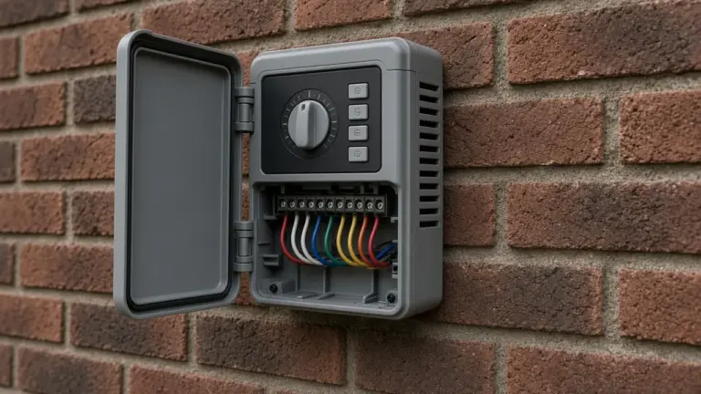Irrigation controller with color-coded station wires mounted on a brick wall