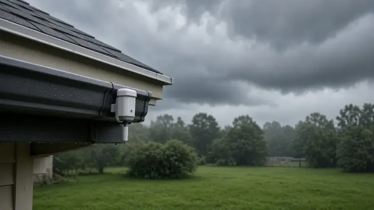 Rain and freeze sensor mounted on a gutter under stormy skies
