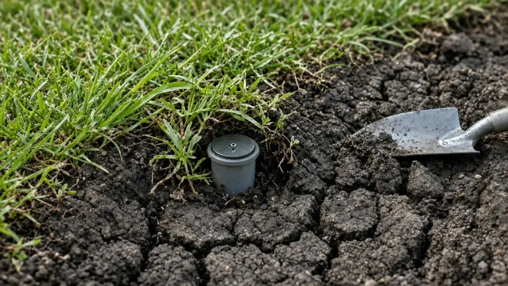 Sunken sprinkler head surrounded by cracked clay soil and grass