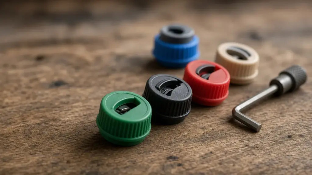 Color-coded sprinkler nozzles and an adjustment key on a wooden surface