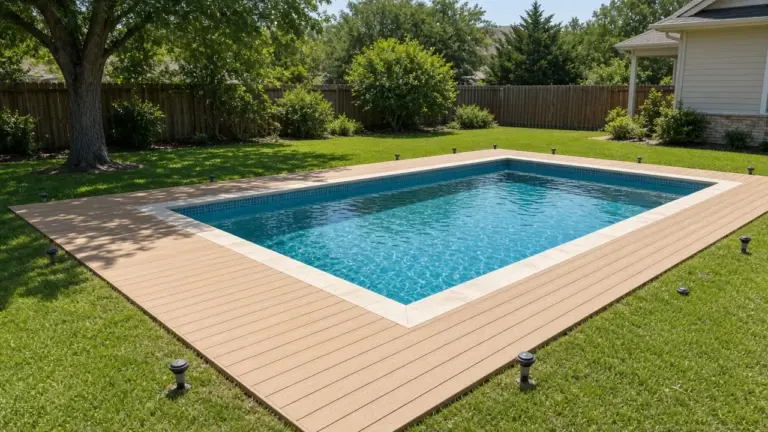 A new backyard pool with fresh decking and sprinkler heads relocated around its edges in the surrounding lawn