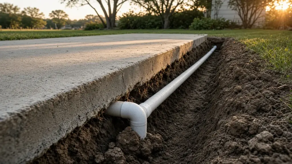 A narrow repair trench beside a concrete driveway edge exposing a white PVC sprinkler pipe passing under the slab