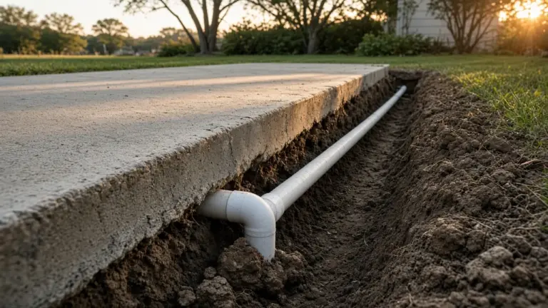 A narrow repair trench beside a concrete driveway edge exposing a white PVC sprinkler pipe passing under the slab