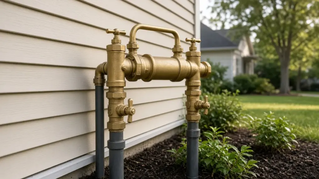 A replacement brass backflow assembly installed on new risers beside a house