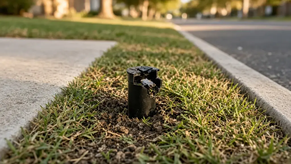 A mower-damaged sprinkler head in a narrow parkway strip between sidewalk and street
