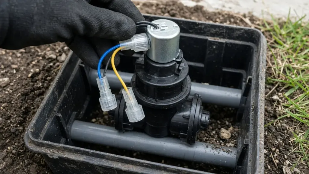 Gloved hands replacing a solenoid on an irrigation valve in a valve box
