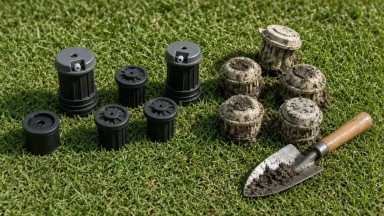 Old worn sprinkler heads beside new modern replacement heads and a trowel on grass