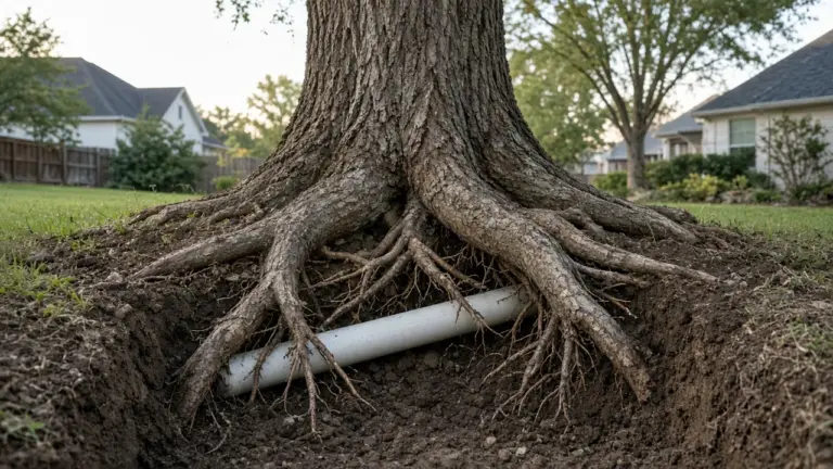 Large tree roots wrapped around a white irrigation pipe in an excavated hole