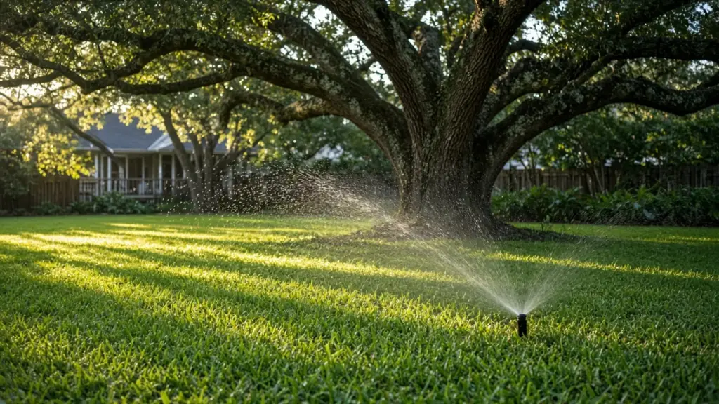 A spray head watering a patch of St. Augustine grass in dappled shade beneath a large live oak